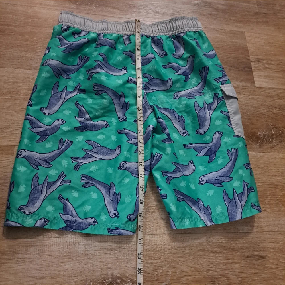 Cat & Jack Kid's Teal Blue Green Sea Lion Print Swim Shorts Drawstring Boy's XL